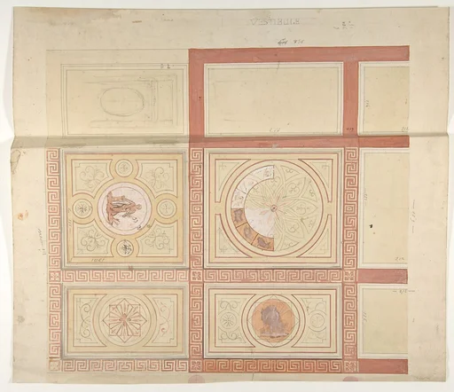 Design for the decoration of the ceiling of a vestibule in painted panels with roman key borders