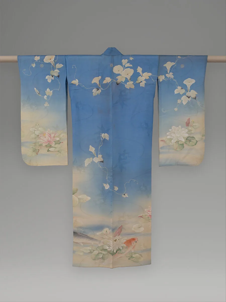 浅葱絽地鯉睡蓮朝顔模様単衣|Unlined Summer Kimono (Hito-e) with Carp, Water Lilies, and Morning Glories — Unknown