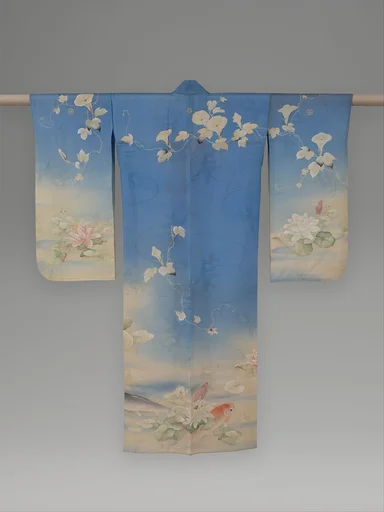 浅葱絽地鯉睡蓮朝顔模様単衣|Unlined Summer Kimono (Hito-e) with Carp, Water Lilies, and Morning Glories