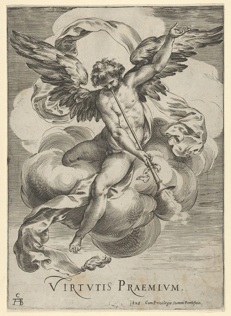 Winged genius seated on a cloud, sounding a trumpet with his left hand extended upwards — Cherubino Alberti (Zaccaria Mattia)|Polidoro da Caravaggio