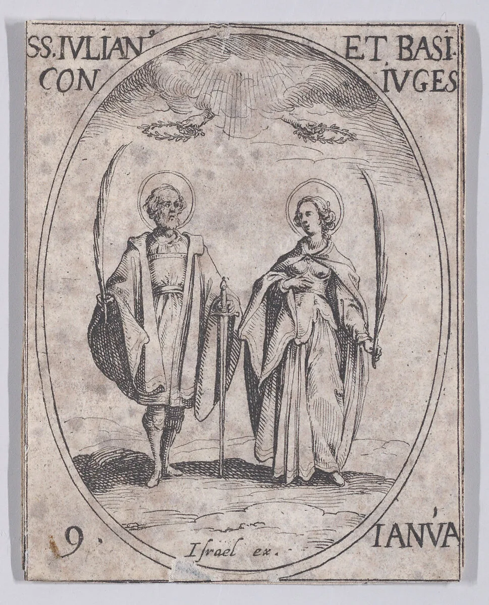 S. Julien et Ste. Basilesse (St. Julian and St. Basilissa), January 9th, from "Les Images De Tous Les Saincts et Saintes de L'Année" (Images of All of the Saints and Feast Days of the Year) — Jacques Callot|Israël Henriet