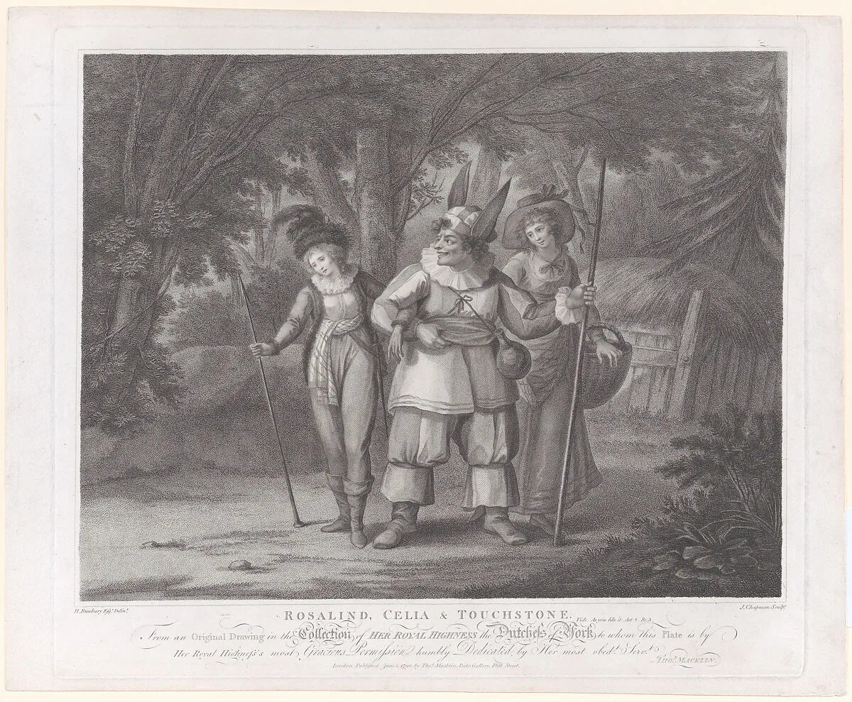 Rosalind, Celia & Touchstone (Shakespeare, As You Like It, Act 2, Scene 2) — John Chapman|Thomas Macklin|Princess Frederica Charlotte of Prussia|William Shakespeare|Henry William Bunbury