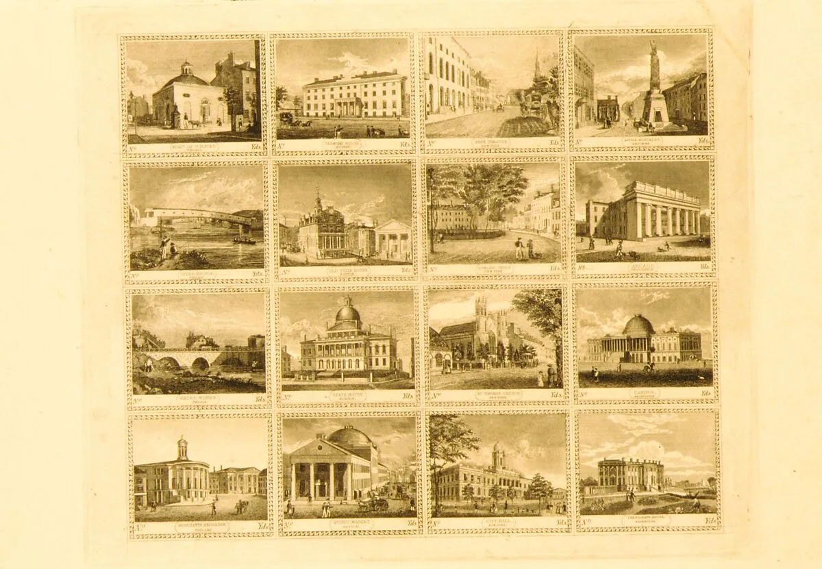 Sheet of Fabric Labels with Sixteen Views of Buildings in Boston, New York, Philadelphia, Baltimore, Providence and Washington — Anonymous, American, 19th century