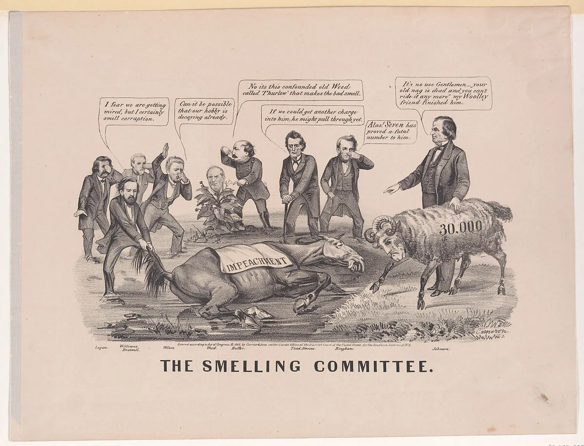 The Smelling Committee — Thomas Williams|George Sewall Boutwell|John Alexander Logan|John Cameron|Currier & Ives|Thurlow Weed|Benjamin Franklin Butler|John Armor Bingham|Andrew Johnson