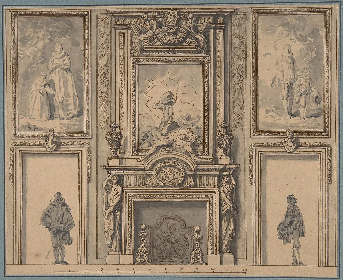 Design for a Wall Decoration with Chimneypiece and Two Figures — Antoine Le Pautre