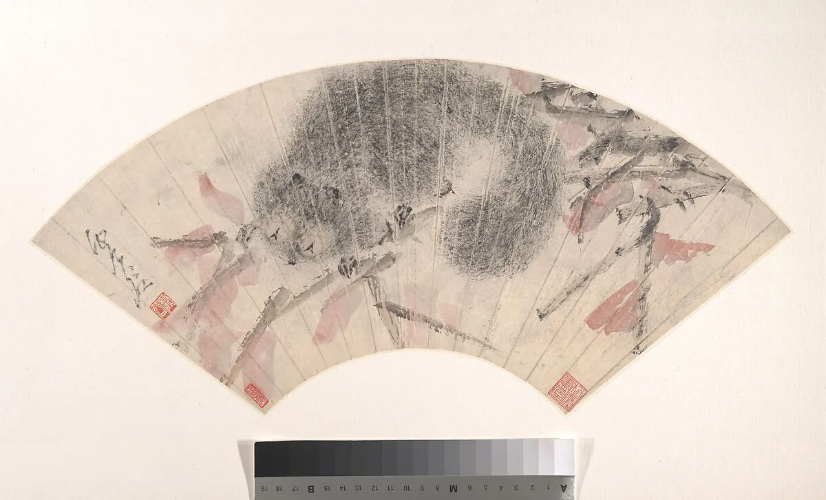 清 虛谷 松鼠 扇面|Squirrel on an Autumn Branch — Xugu (Zhu Huairen)