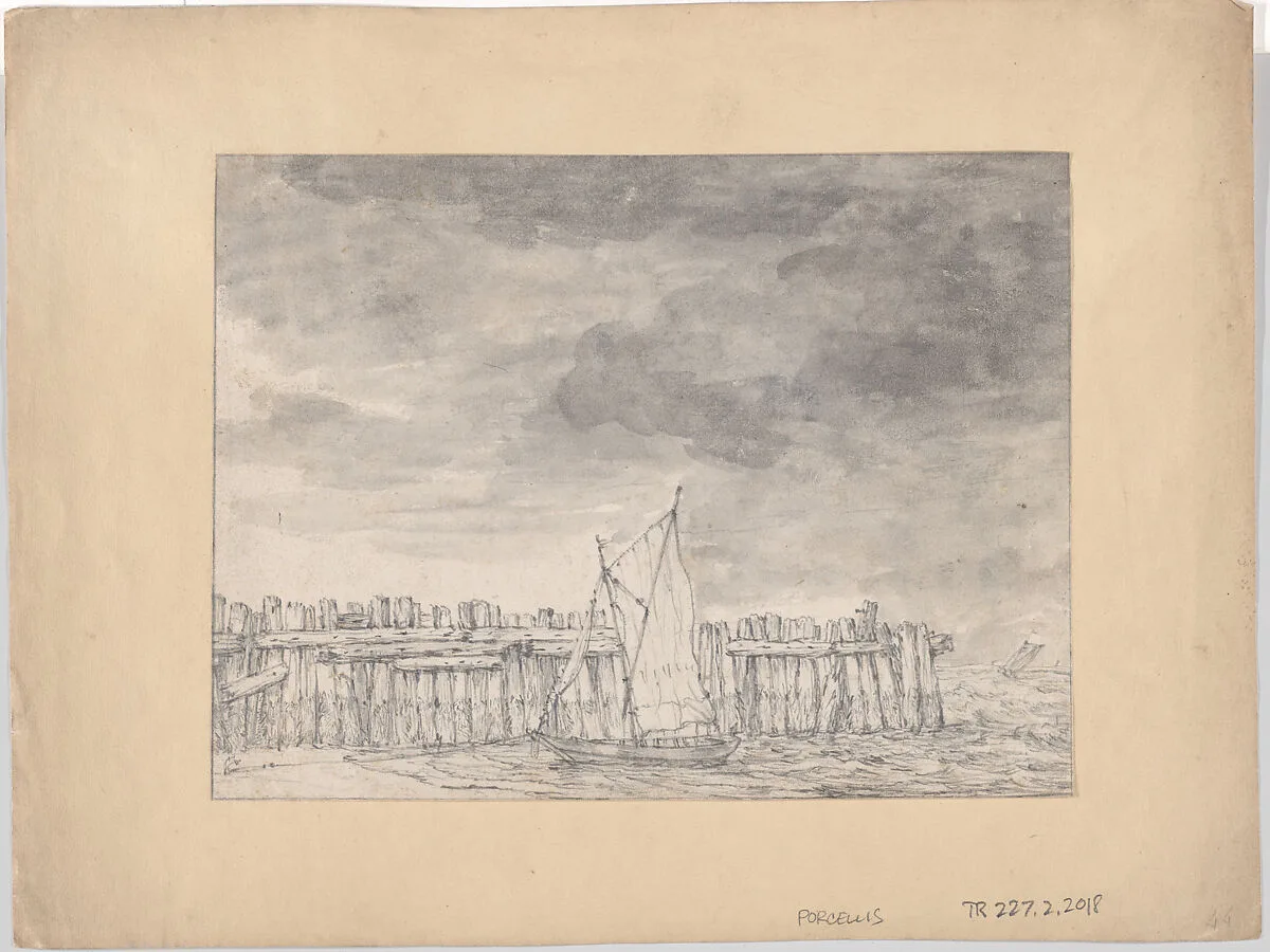 Boat Moored on a Beach by a Wooden Palisade (recto); Study of Trees (verso) — Jan Porcellis