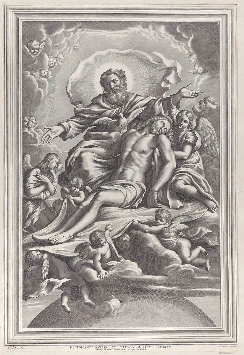 The Holy Trinity, with the dead Christ at center surrounded by angels, God the Father, and the Holy Spirit — Pier Francesco Mola|Giovanni Giacomo De Rossi|F. de Louvement