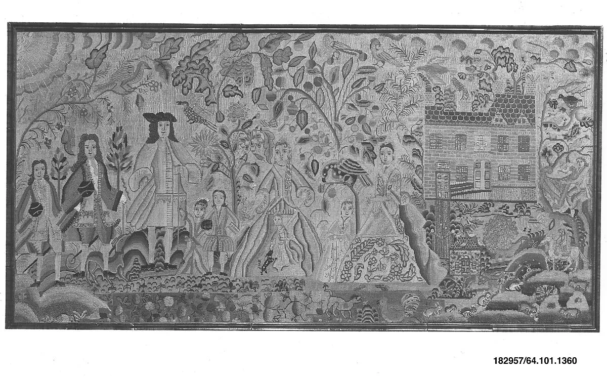 Embroidered picture with a family in a garden setting — Unknown