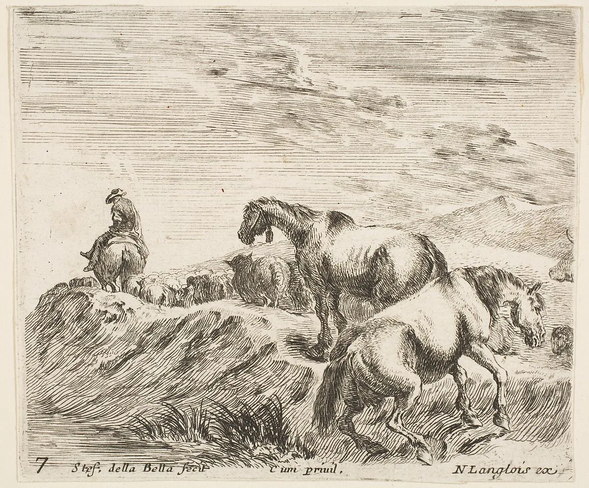 Two horses ascending the bank of a river at right, following a procession of horses and one horseman to the left, plate 7 from "Diversi capricci" — Stefano della Bella|Nicolas Langlois