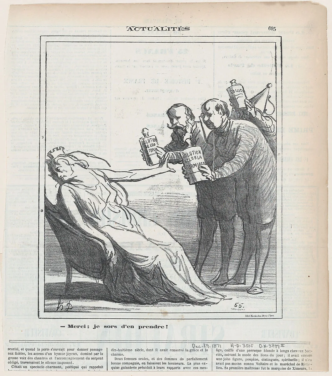 Thanks, I can do quite well without!, from 'News of the day,' published in Le Charivari, December 29, 1871 — Honoré Daumier|Emile de Girardin|Louis Philippe Albert d'Orleans, Comte de Paris (heir to Comte de Chambord, de jure Henry V of France)