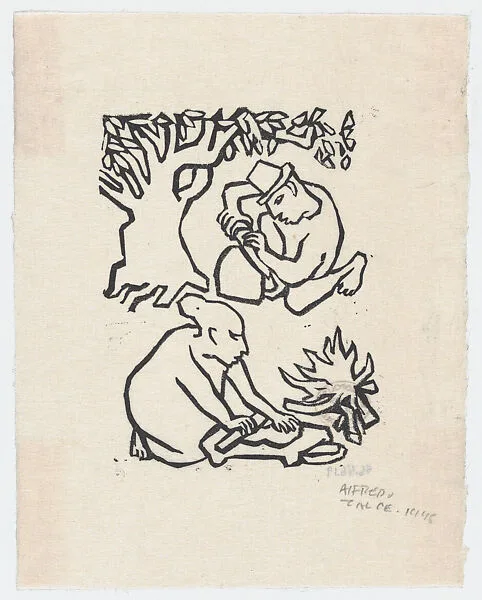 Mother and son working outside their hut at dusk, illustration for 'El Sombrerón' — Alfredo Zalce