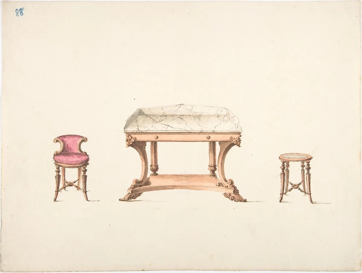 Design for a Marble Topped Table and a Low-backed Chair and a Stool — Anonymous, British, 19th century