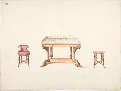 Design for a Marble Topped Table and a Low-backed Chair and a Stool