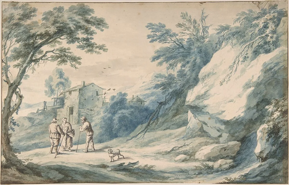 A landscape with travelers, a ruined building and a fortified town — Adriaen Fransz. Boudewijns