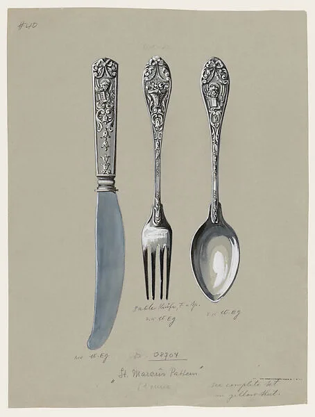 Design for a Silver Knife, Fork and Spoon "St. Marcus Pattern" — Anonymous, Czech, early 20th century