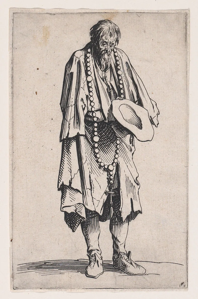 Le Mendaint au Rosaire (The Beggar with a Rosary), from Les Gueux suite appelée aussi Les Mendiants, Les Baroni, ou Les Barons (The Beggars, also called the Barons) — Jacques Callot