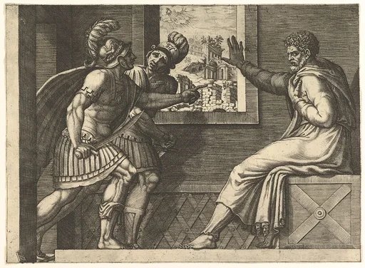 Caius Marius in prison; two Cimbrian soldiers entering his cell