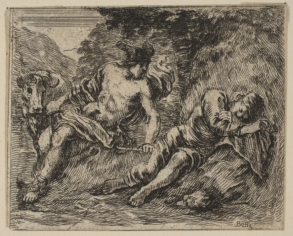 Mercury and Argus, from 'Game of Mythology' (Jeu de la Mythologie) — Stefano della Bella|Jean Desmarets de Saint-Sorlin|Henri Le Gras|Louis XIV, King of France|Cardinal Jules Mazarin