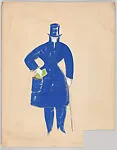 Drawing for a man's theatrical costume with blue suit and top hat — Vincente Minnelli