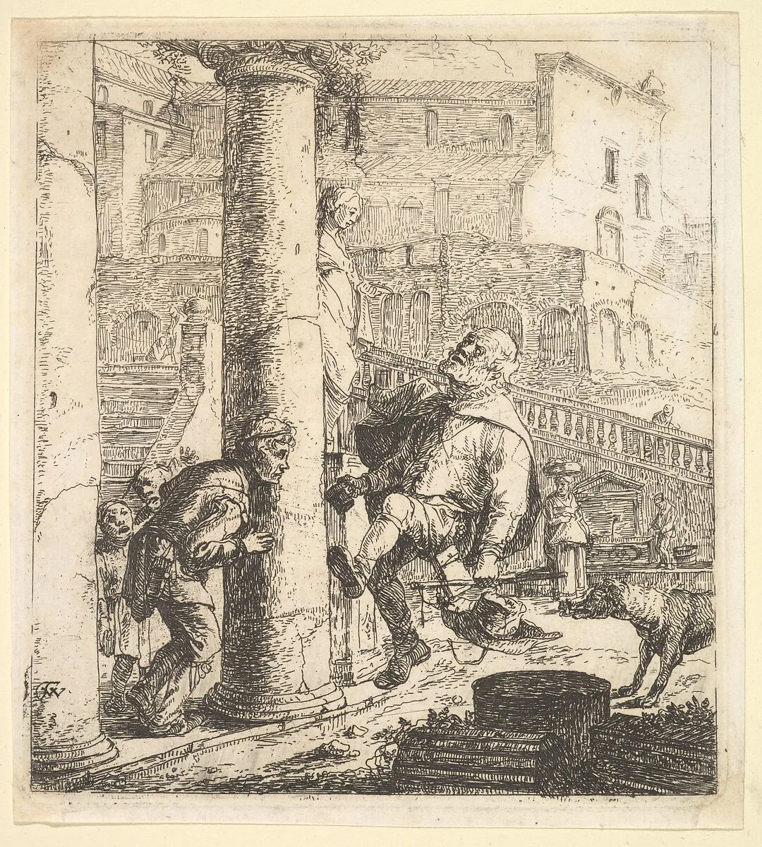 Blind Beggar Bumping A Pillar; this and 63.616.39 (2) are two plates of beggars from the story of Lazaville de Tormes. — Thomas Wijck