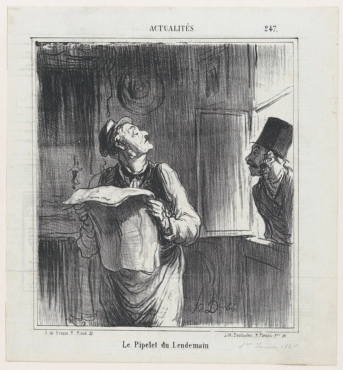 The concierge the day after, from 'News of the day,' published in Le Charivari, January 1, 1867 — Honoré Daumier|Destouches|Arnaud de Vresse