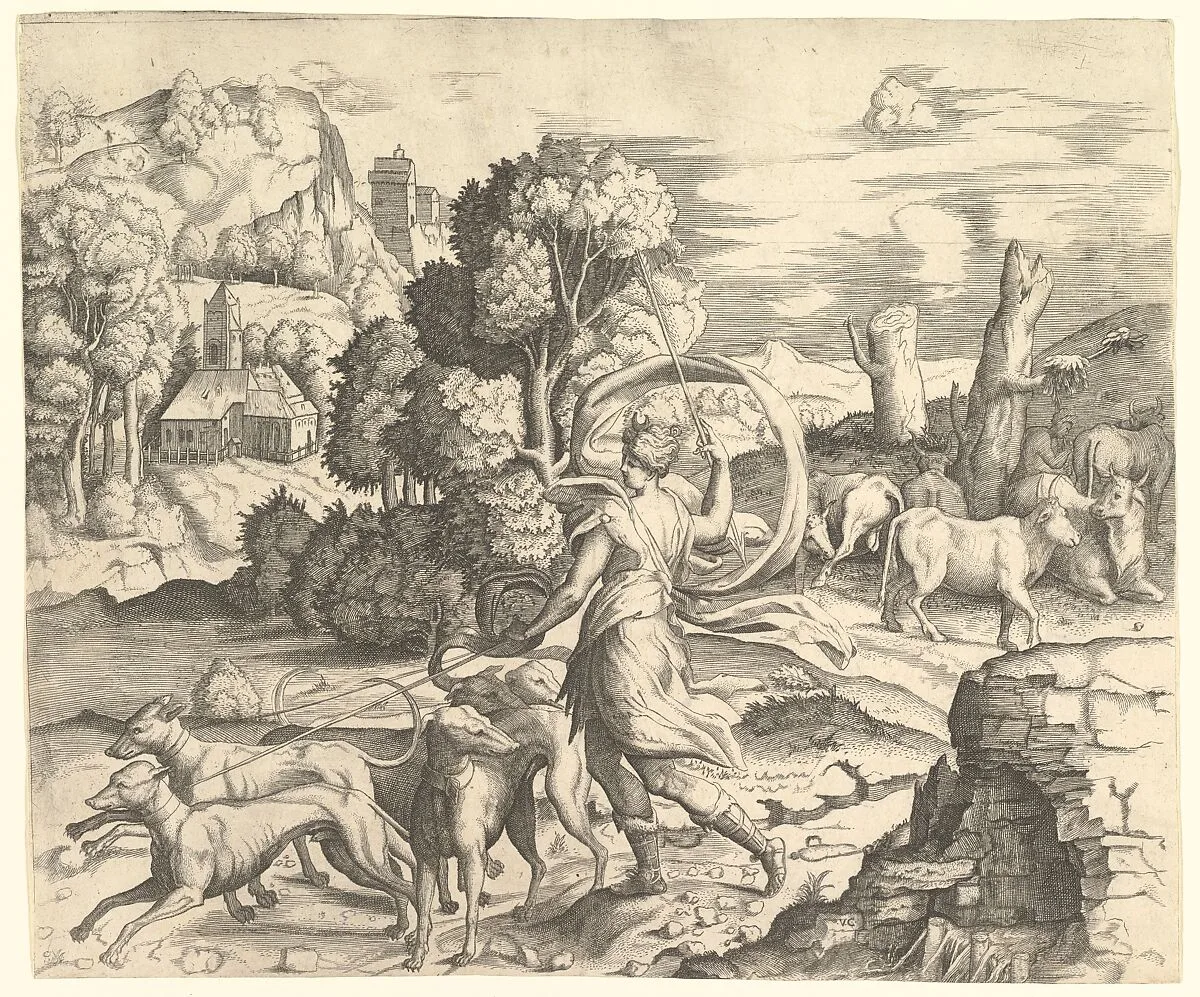 Diana the Huntress in a Landscape — Vincenzo Caccianemici|Parmigianino (Girolamo Francesco Maria Mazzola)|Giulio Bonasone