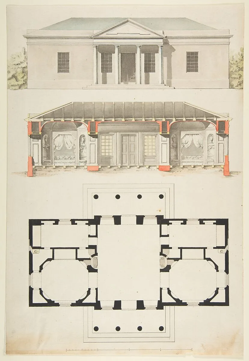 Plan, Elevation, and Section for a Single Story Pavilion — Anonymous, French, 18th century
