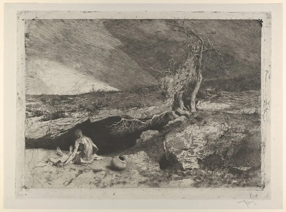 The Anchorite: a partially naked man seated at left in a landscape with what appears to be a long sheet unfolded over his knees — Mariano Fortuny, 1838–1874
