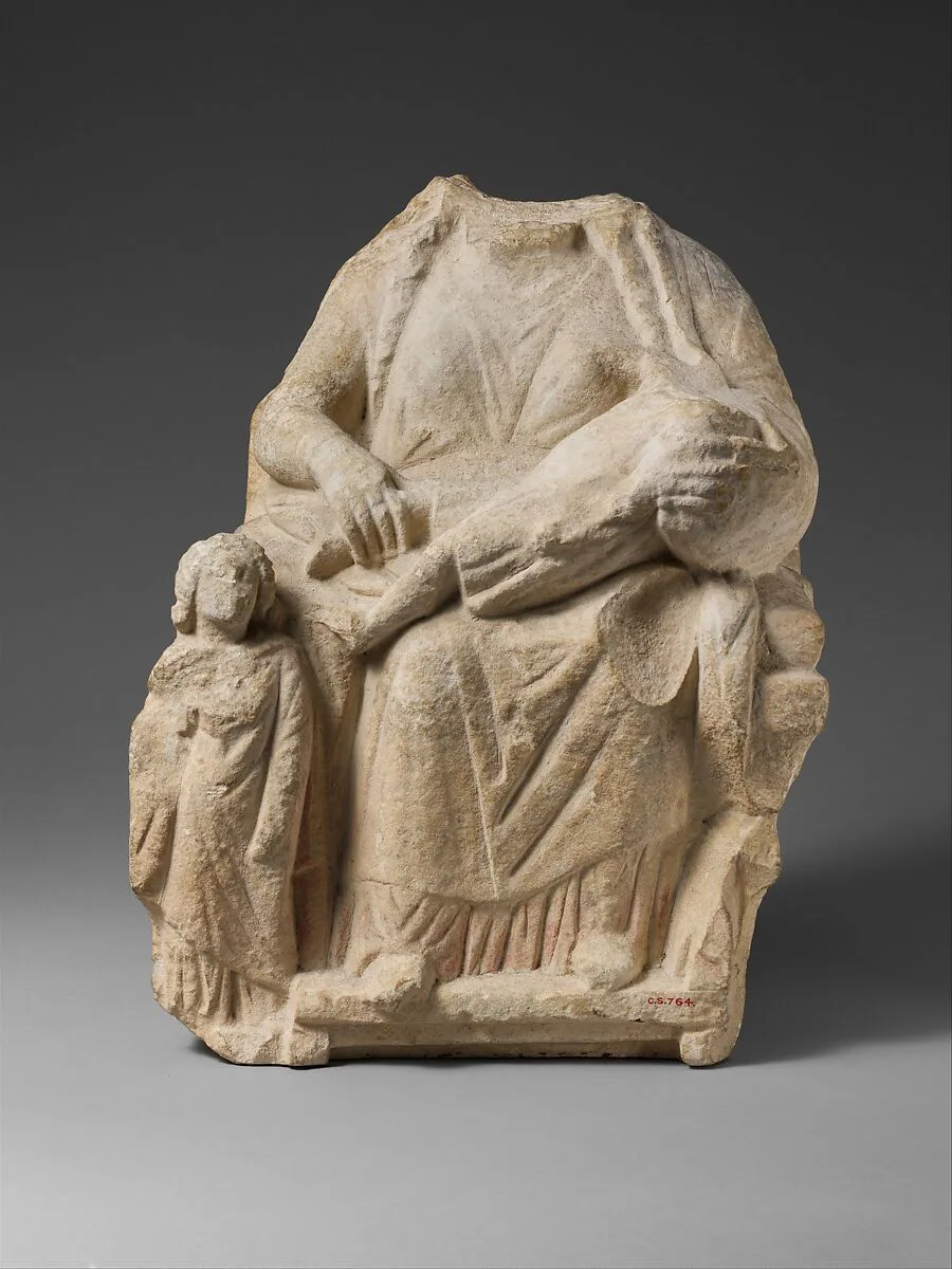 Seated limestone kourotrophos with another child standing — Unknown
