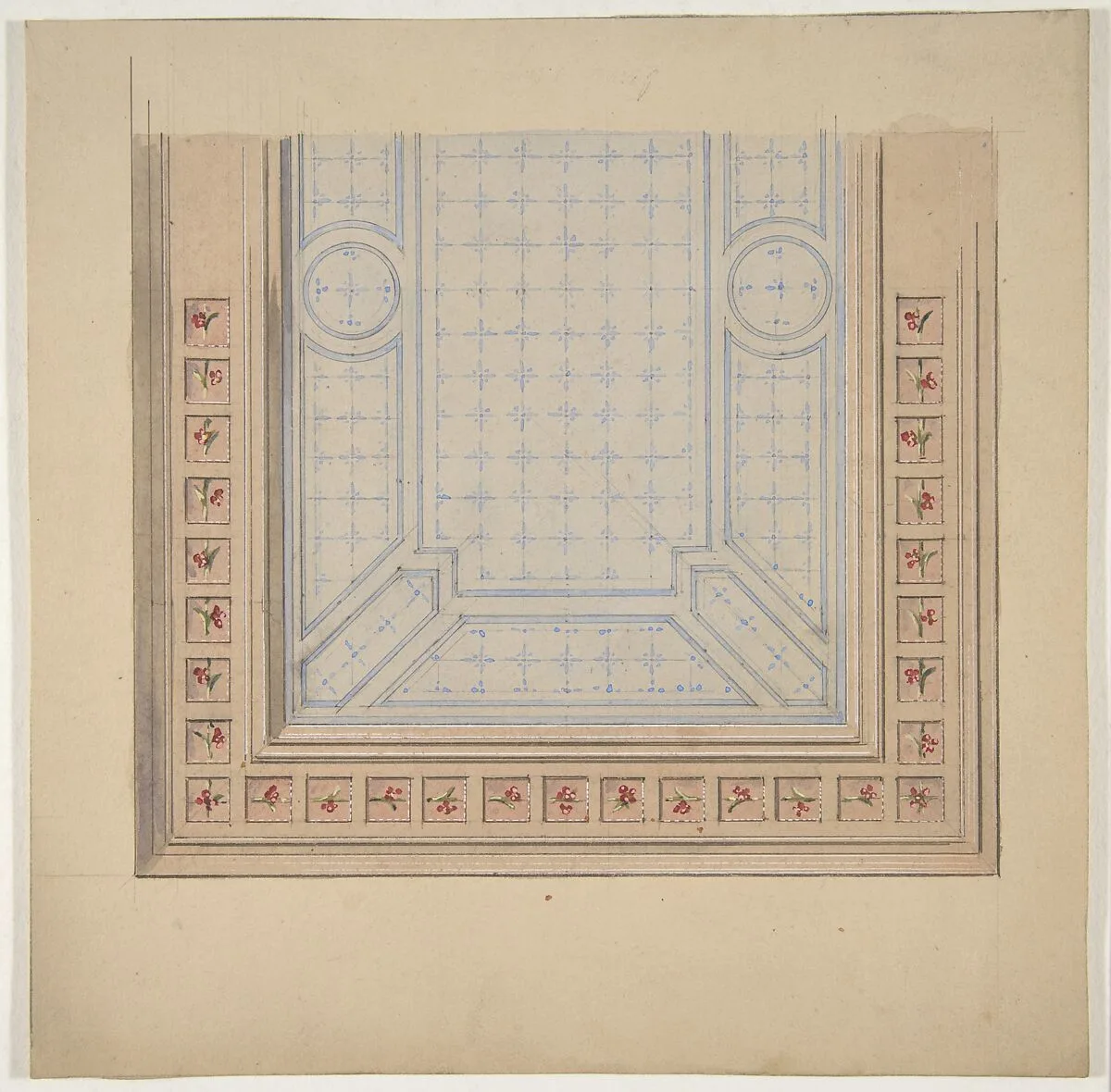 Partial design for ceiling with a border of flowers — Jules-Edmond-Charles Lachaise|Eugène-Pierre Gourdet