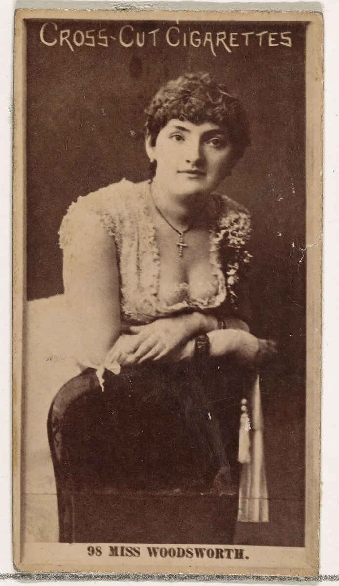 Card Number 98, Miss Woodsworth, from the Actors and Actresses series (N145-2) issued by Duke Sons & Co. to promote Cross Cut Cigarettes — W. Duke, Sons & Co.