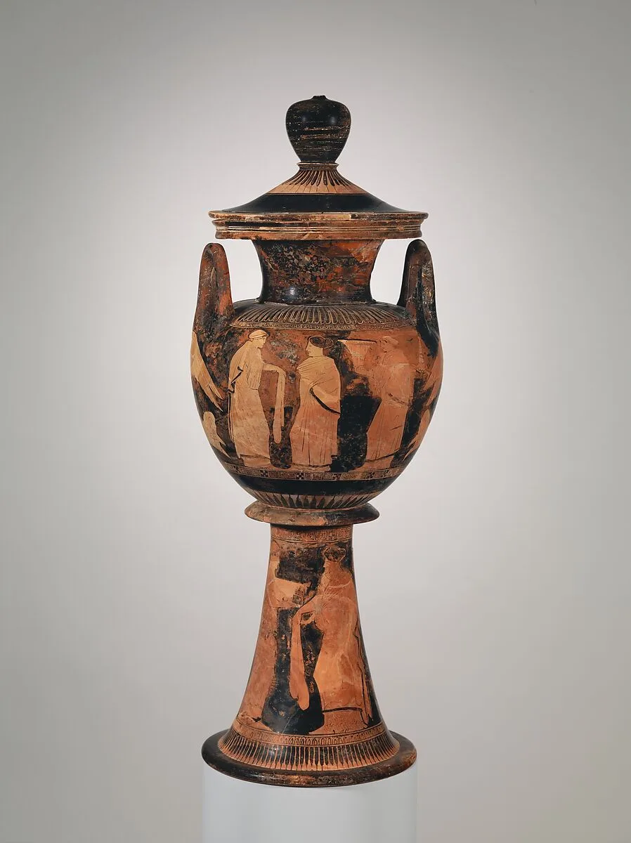 Terracotta lebes gamikos (round-bottomed bowl with handles and stand used in weddings) — Washing Painter