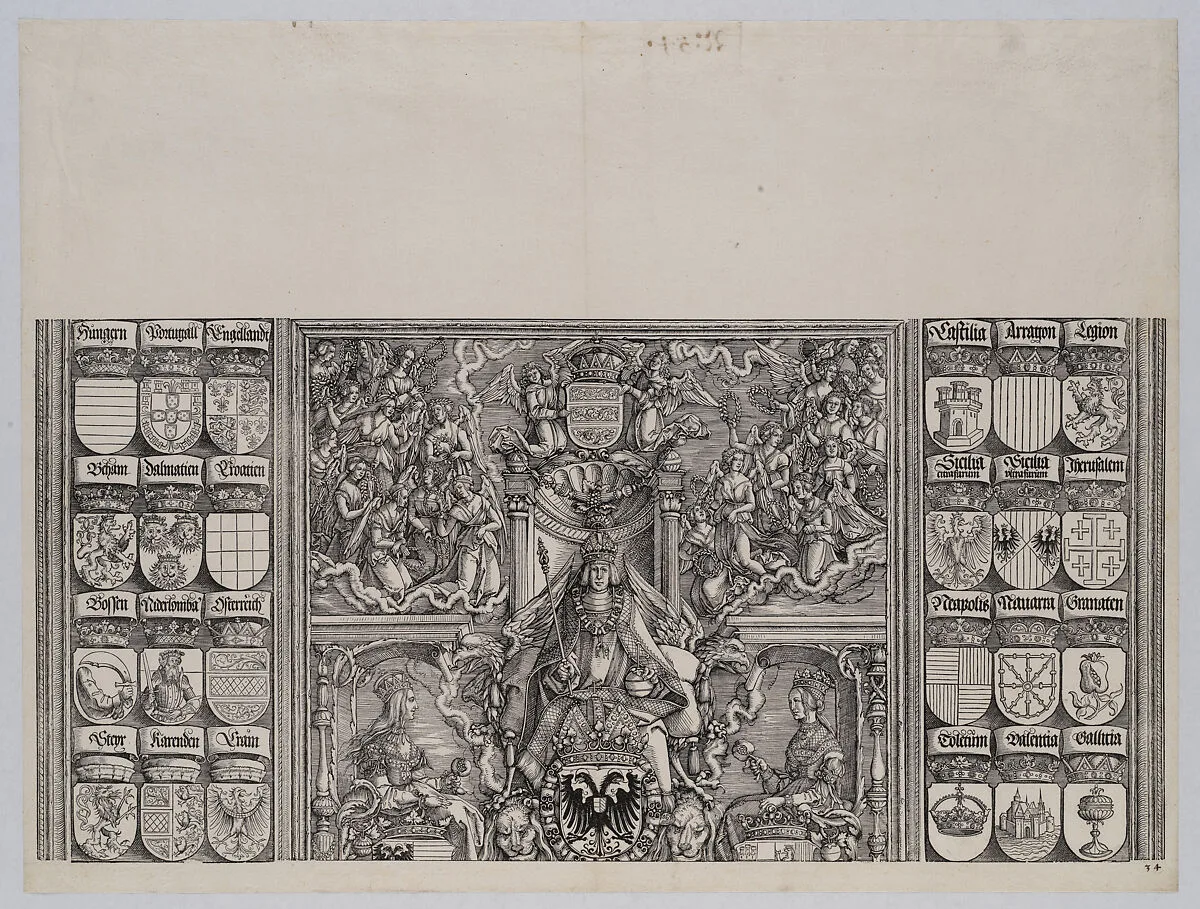 The Emperor Seated on His Throne, Seated Between Joanna of Castile and Mary of Burgundy, Above Are Twenty-two Winged Victories; with Coats of Arms of Maximilian's Noble Relatives, from the Arch of Honor, proof, dated 1515, printed 1517-18 — Hieronymus Andreae|Hans Springinklee