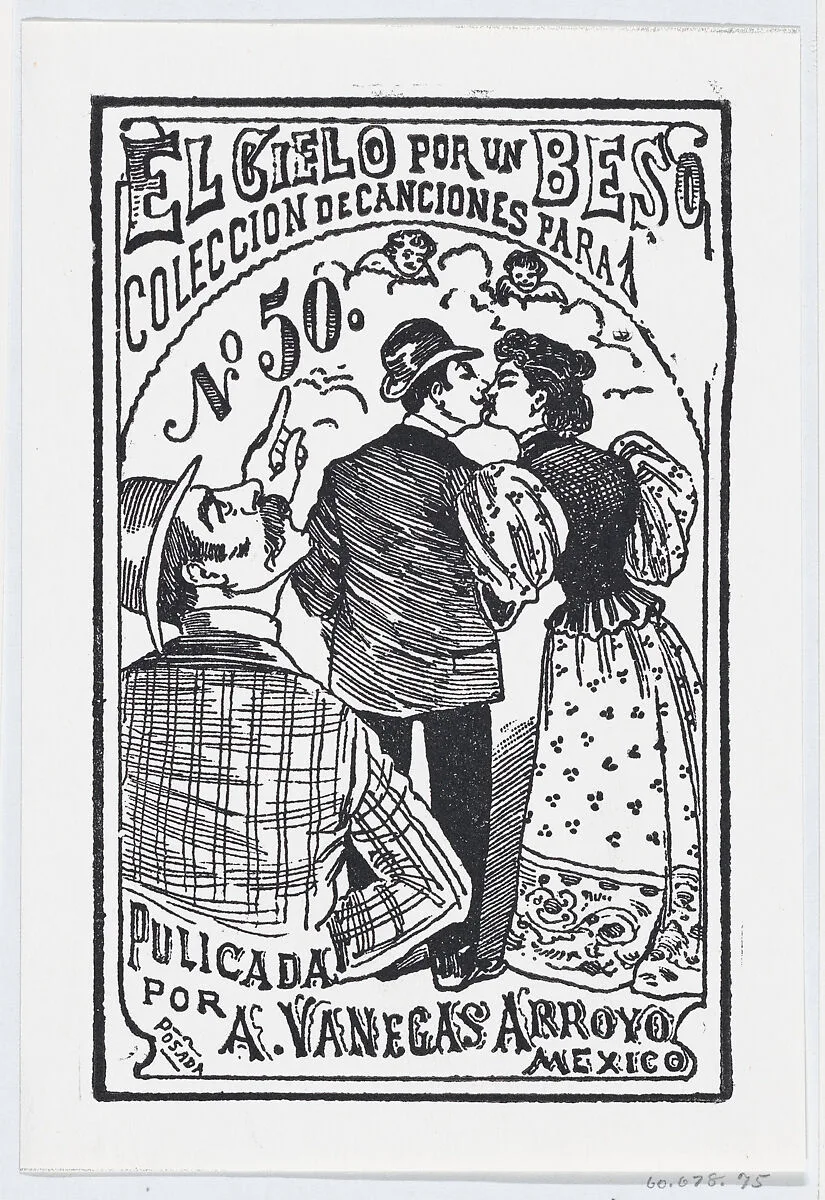A man pointing to the heavens while a couple kisses in the background, illustration for ' El Cielo por un Beso,' published by Antonio Vanegas Arroyo — José Sanchez|José Guadalupe Posada