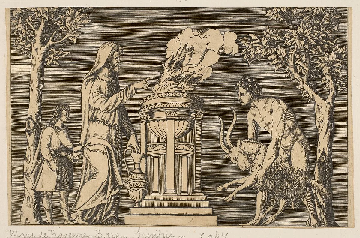 The sacrifice of a ram held by a naked man at right, hooded priest at left with a young attendant — Anonymous, Italian, 16th to early 17th century|Marco Dente