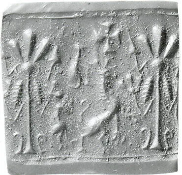 Cylinder seal and modern impression: creature flanking stylized tree — Unknown