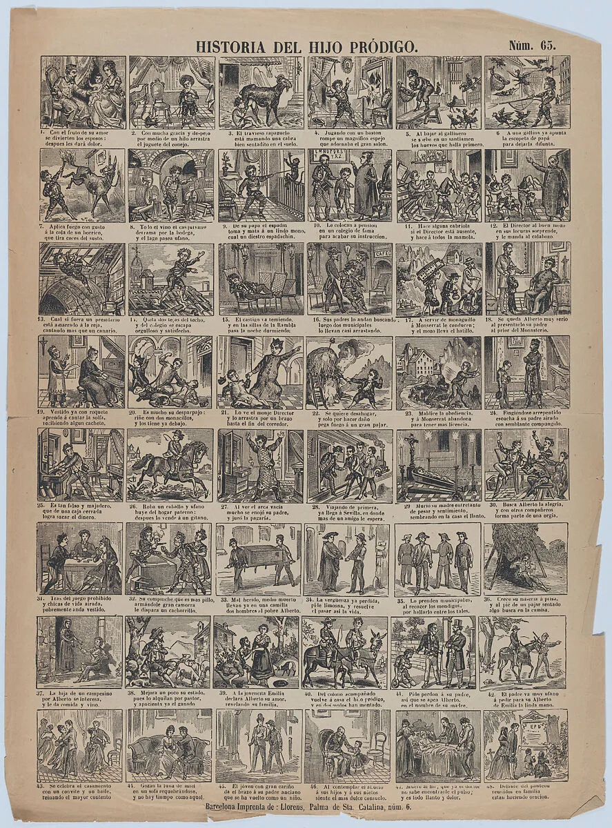 Broadside with 48 scenes relating to the story of the prodigal son — Juan Llorens