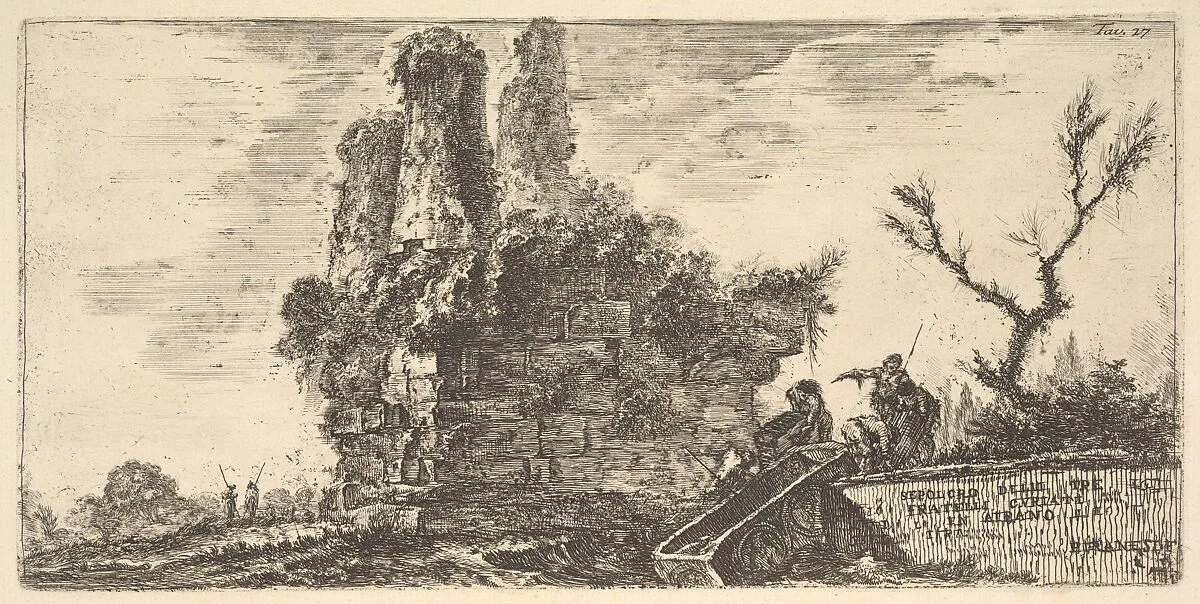 Plate 27: Tomb of the three Curiatii brothers in Albano (Sepolcro delle tre fratelli Curiati in Albano), from "Alcune Vedute di Archi Trionfali ed altri monumenti inalzati da Romani parte di quali se veggono in Roma e parte per l'Italia" (Some Views of Triumphal Arches and other monuments erected by the Romans, some of which are in Rome and some elsewhere in Italy) — Giovanni Battista Piranesi
