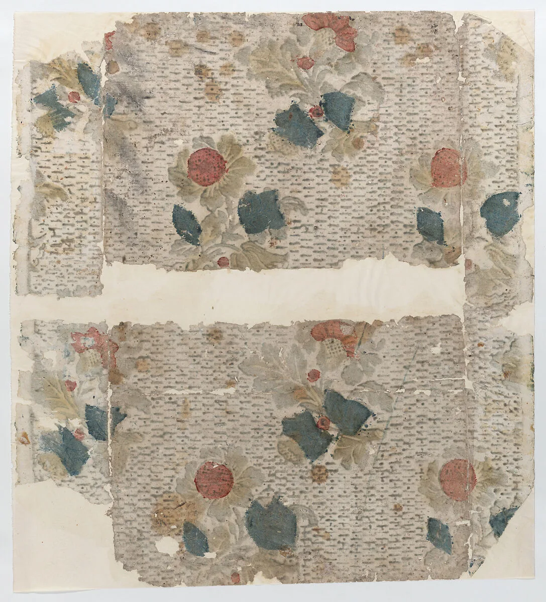 Sheet with floral pattern with a repeating line background — Anonymous