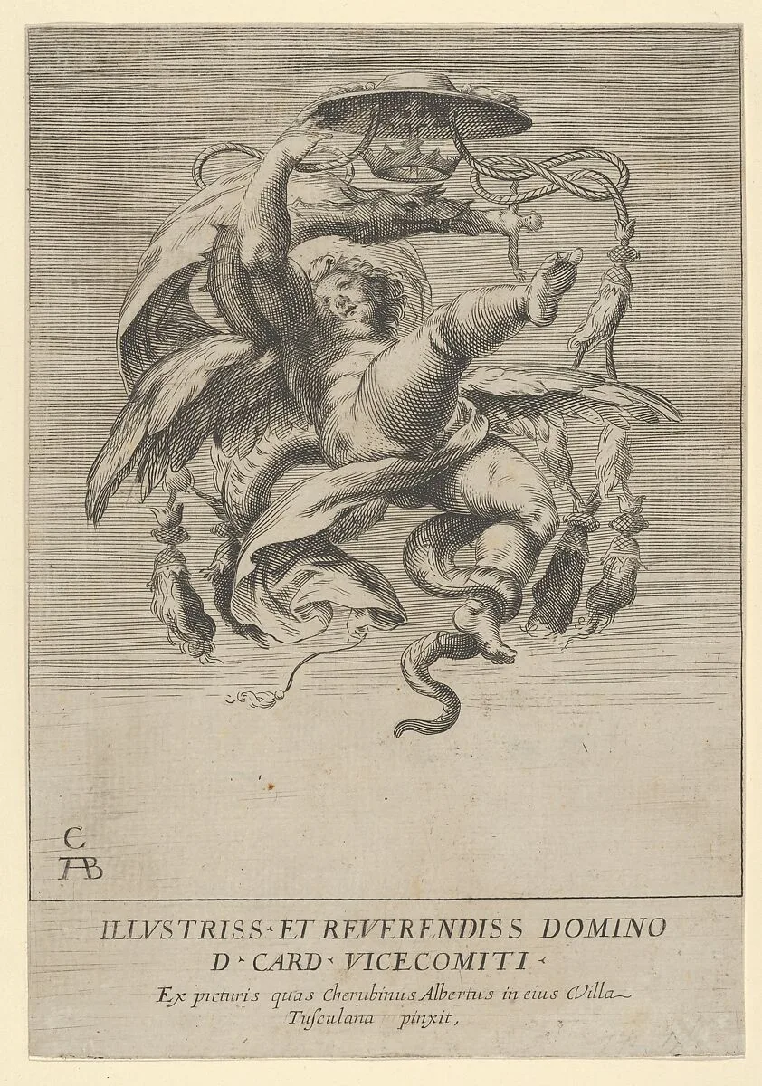 Winged putto holding a cardinal's hat over a dragon head — Cherubino Alberti (Zaccaria Mattia)