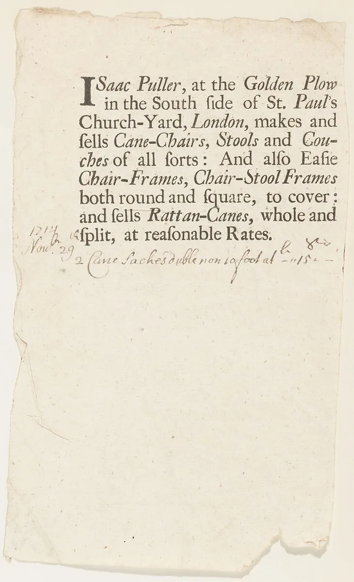 Trade Card of Isaac Puller, Cane Chairs at the Golden Plow, St. Paul's Church Yard — Isaac Puller