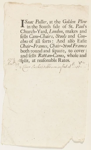Trade Card of Isaac Puller, Cane Chairs at the Golden Plow, St. Paul's Church Yard