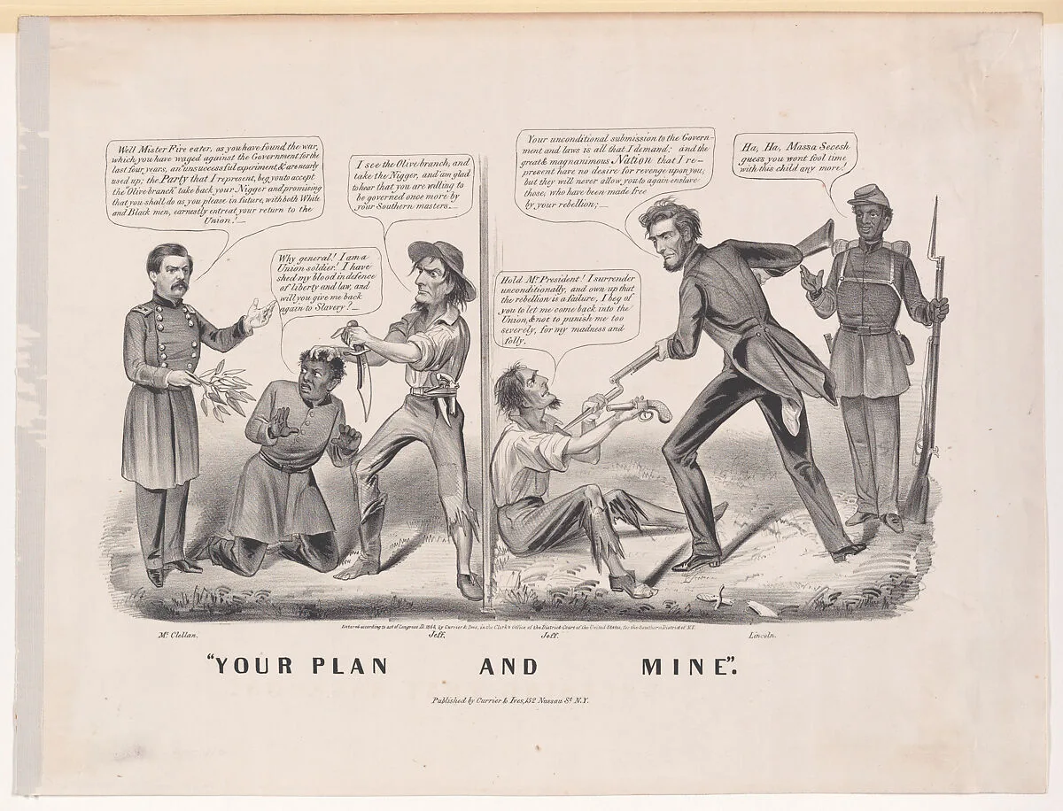 "Your Plan and Mine" — Abraham Lincoln|General George B. McClellan|Jefferson Davis|Currier & Ives