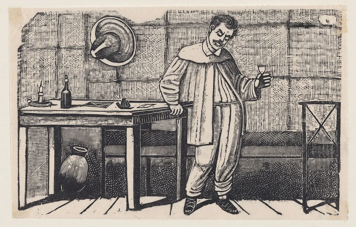 A man with a glass in his hand looking downwards and leaning on a table, an illustration from 'El huérfano' — José Guadalupe Posada