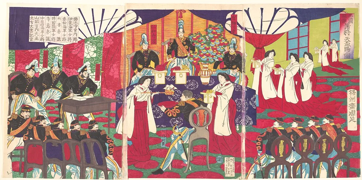 西国諸将鎮静天杯賜ル之図|Illustration of the Commanders who Pacified Western Japan, Receiving the Emperor's Gift Cups (Saigoku chinsei shoshō tenpai o tamawaru no zu) — Yōshū (Hashimoto) Chikanobu