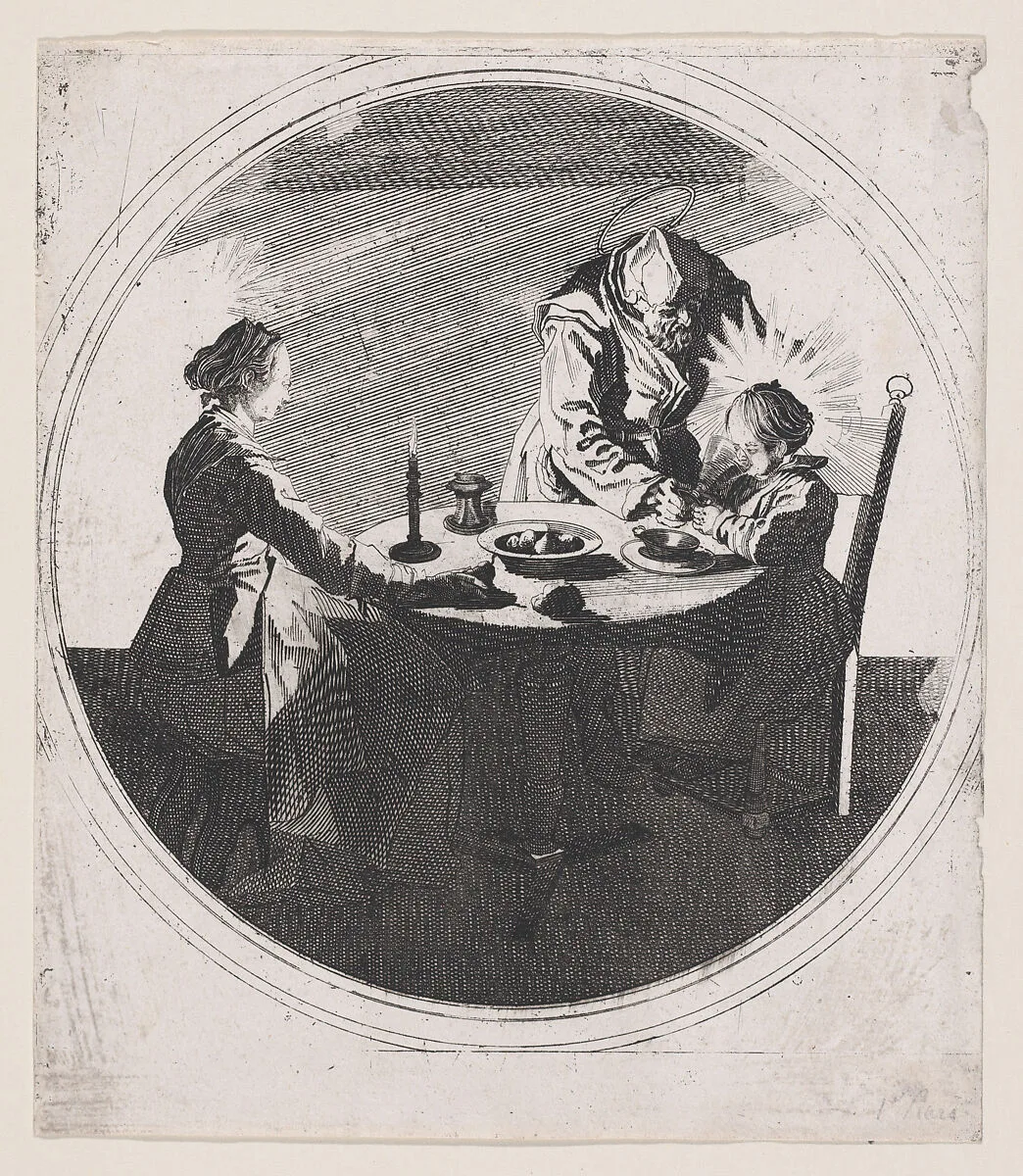 Copy of Le Benedicite, estampe appelée aussi La Sainte Famille a Table et St. Joseph Faisant Boire L'Enfant Jésus (The Grace, also called The Holy Family at the Table and St. Joseph Giving the Christ Child a Drink) — Jacques Callot|Anonymous