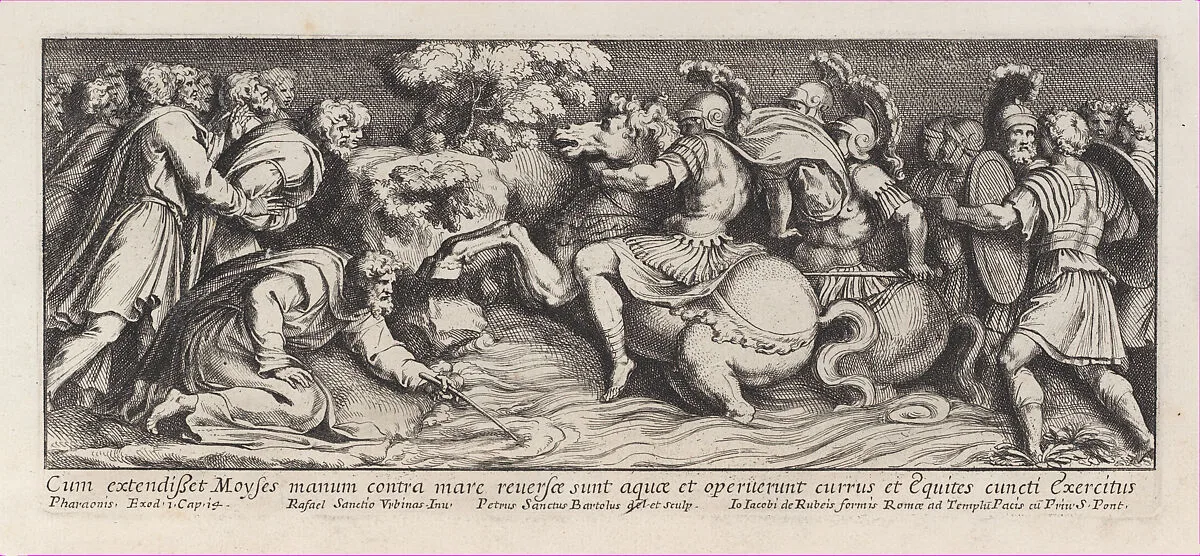 Moses parting the Red Sea as the Pharoah's army drowns, after Raphael's Stanza di Eliodoro, from a series of 15 plates, depicting Raphael's works for the Vatican stanze and the Sistine Chapel tapestries — Pietro Santi Bartoli|Raphael (Raffaello Sanzio or Santi)|Giovanni Giacomo De Rossi