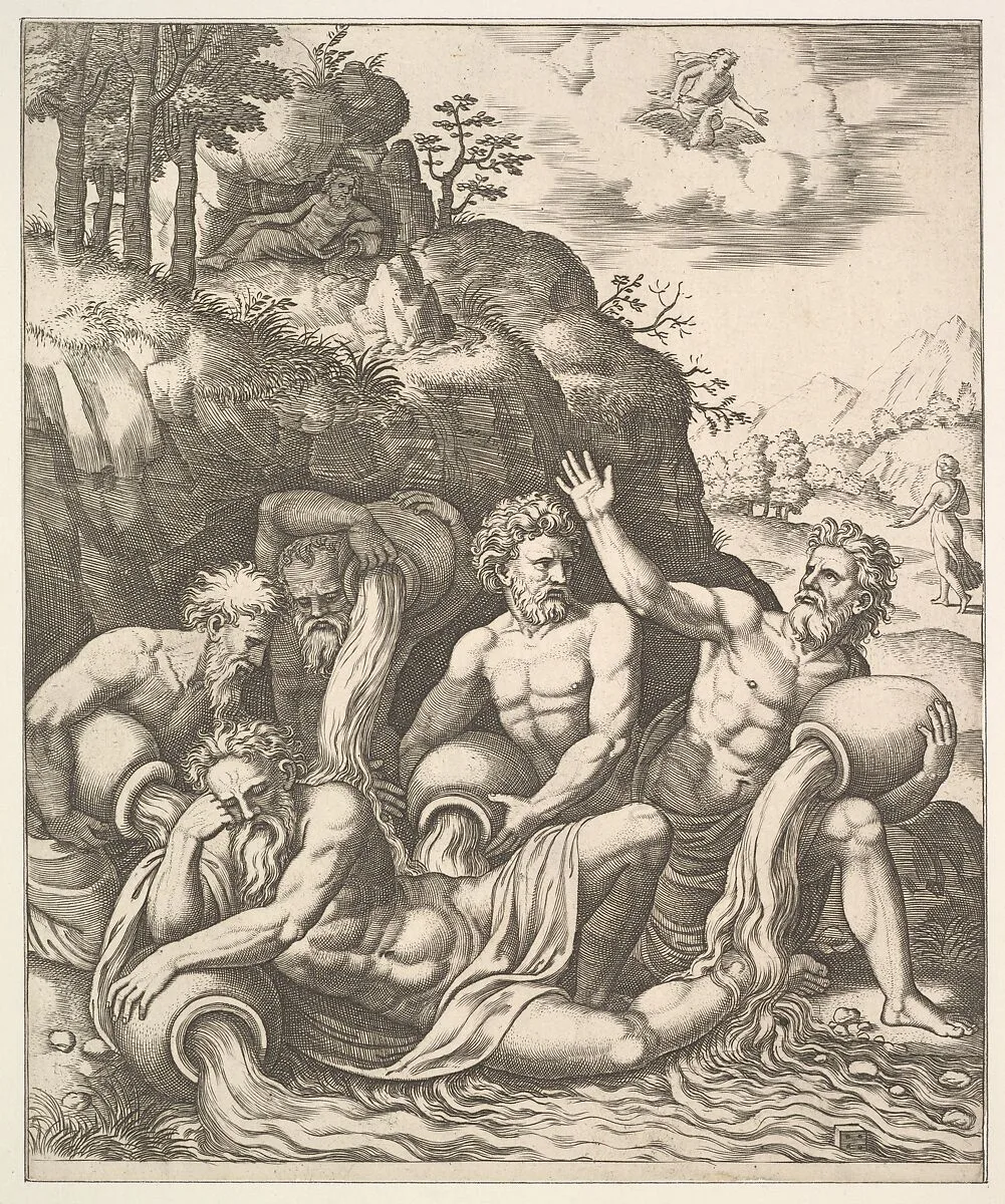 River gods consoling Peneus for the Loss of his Daughter, Daphne from 'The Story of Apollo and Daphne' — Master of the Die|Baldassare Tommaso Peruzzi