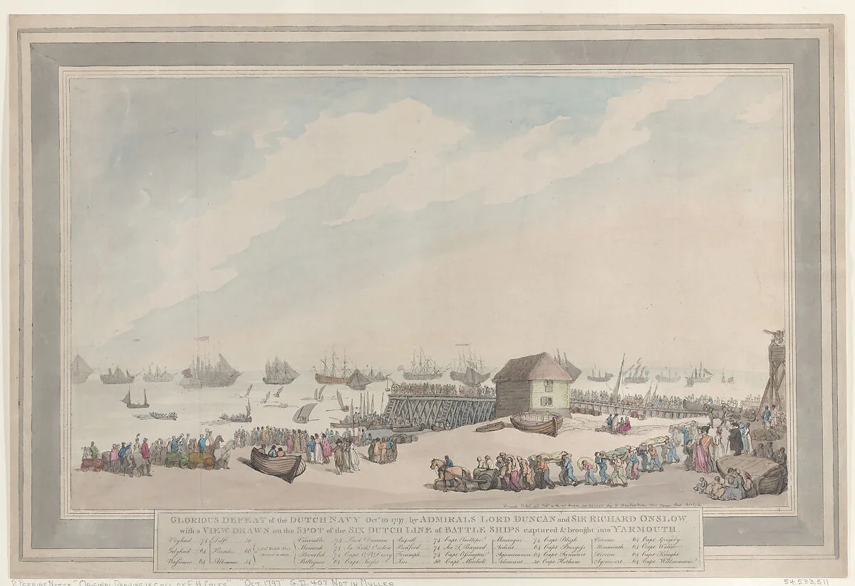Glorious Defeat of the Dutch Navy, Oct. 10, 1797, by Admirals Lord Duncan and Sir Richard Onslow with a View Drawn on the Spot of the Six Dutch Line of Battle Ships captured and brought into Yarmouth — Thomas Rowlandson